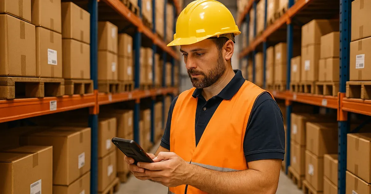 Un magazziniere con casco e gilet arancione usa uno smartphone in una corsia di scaffalature cariche di scatoloni