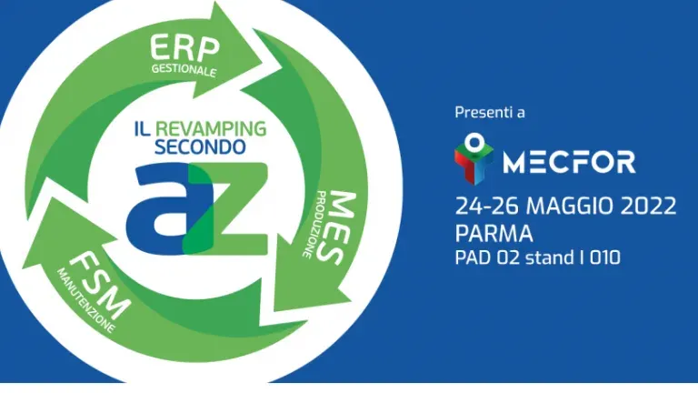 Grafica «Il revamping secondo AZ»: tre frecce verdi ERP gestionale, MES produzione e FSM manutenzione intorno al logo Azeta, accanto alla presenza a MECFOR dal 24 al 26 maggio 2022 a Parma, pad. 02 stand I 010