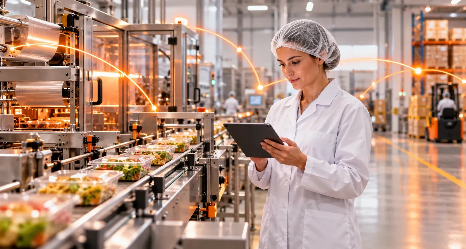 Professionista dell’industria alimentare controlla tramite tablet una linea produttiva connessa alla logistica