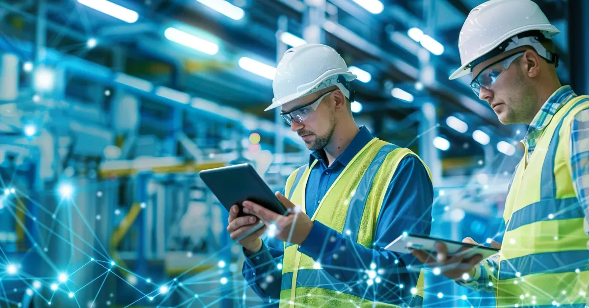 Due tecnici con casco e gilet alta visibilità consultano un tablet in un impianto industriale, con una rete di connessioni luminose sovrapposta