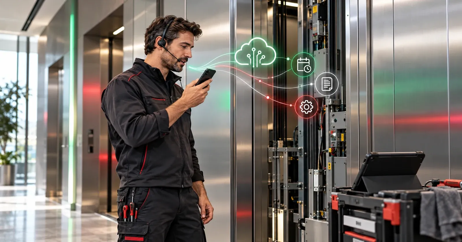 Tecnico ascensorista utilizza Synergy Lift tramite smartphone durante un intervento di manutenzione